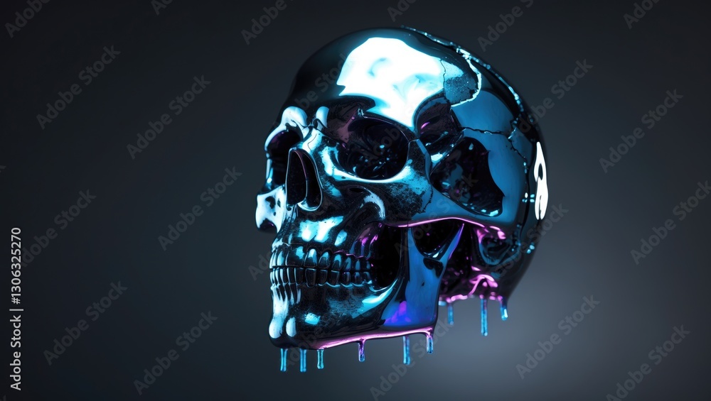 Poster rendered image of a distorted skull with glitch effects in reflective chrome, set against a dark gre