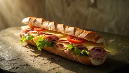 Submarine sandwich with ham, cheese, and salad in a fresh baguette.
