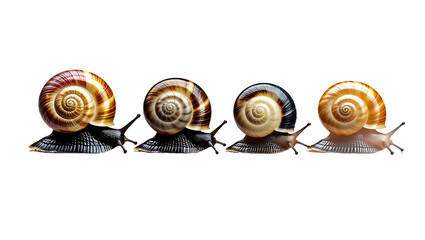 four snails with different shell patterns on dark backdrop