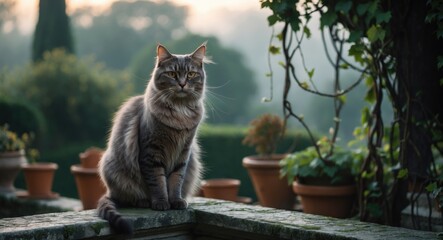 Eighteen-year-old feline perched on a garden terrace.