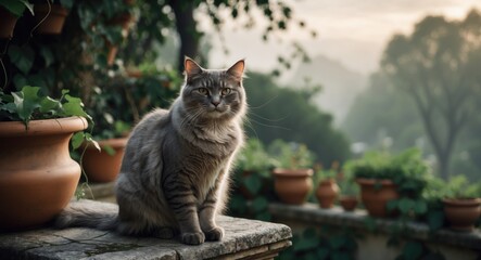 Eighteen-year-old feline relaxing on a garden terrace