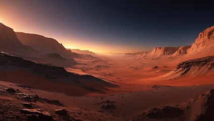 16K, dawn on Mars, the crimson planet, scenic view in a 360 HDRI spherical panorama for photography backgrounds.