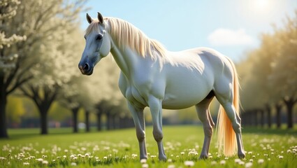 Elegant white thoroughbred horse in a springtime meadow