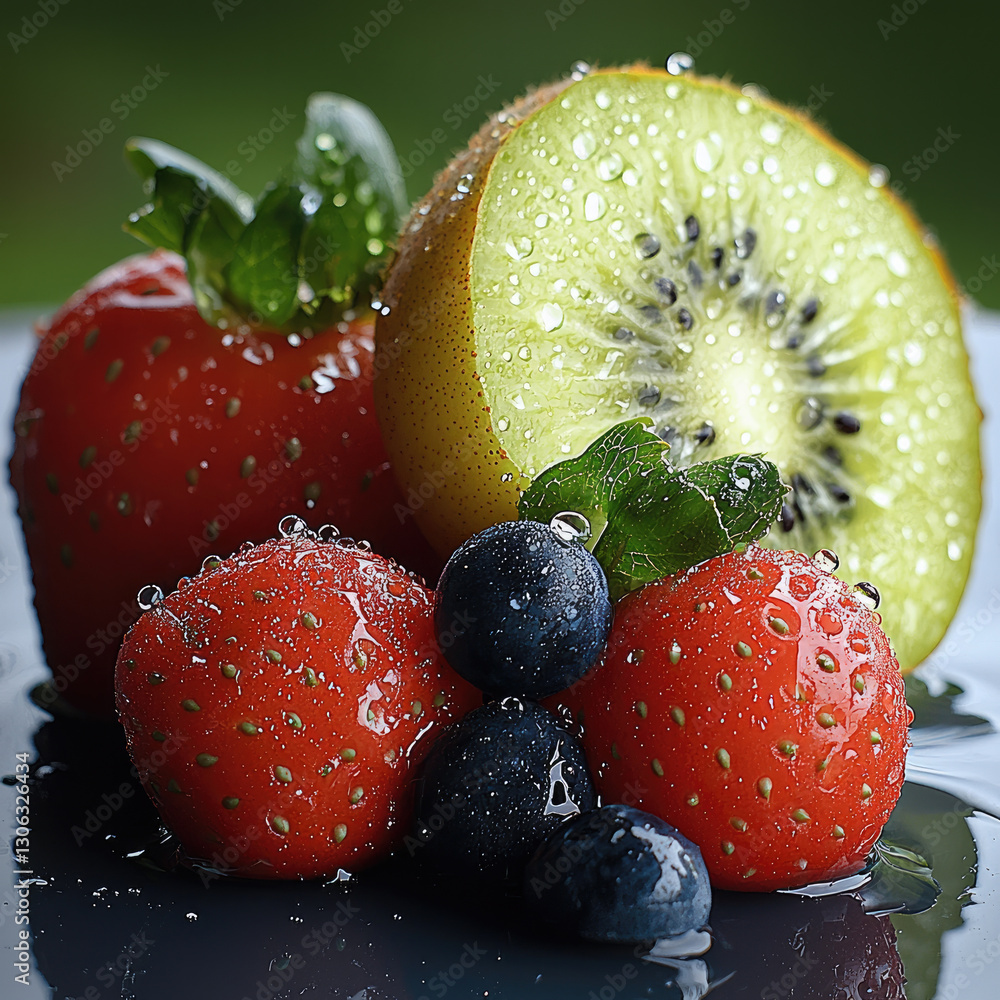 Poster fresh fruits including strawberries, blueberries, and kiwi with water droplets create vibrant and re