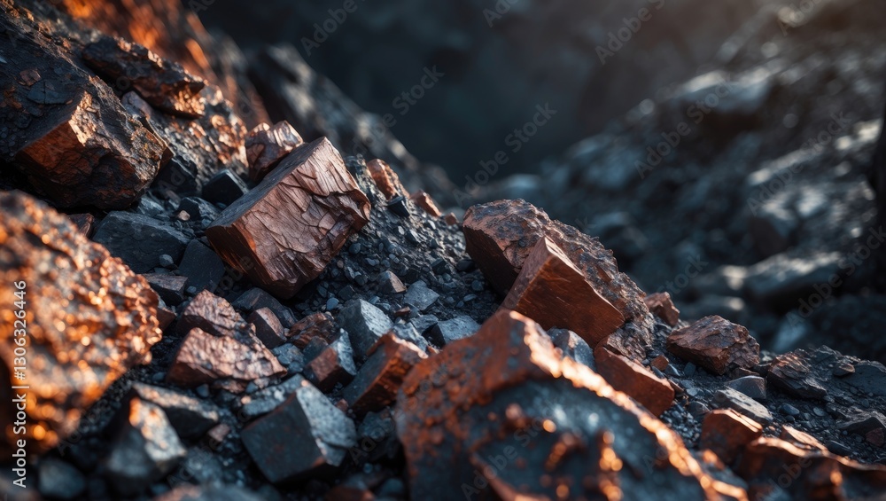 Poster close-up of iron ore texture - natural minerals found in mining sites. rock surface from an open pit