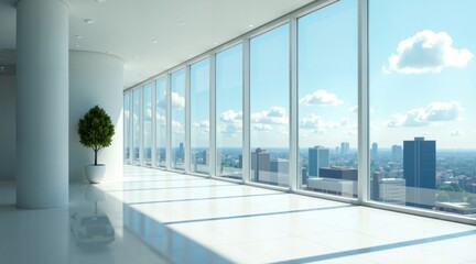 Fototapeta premium BLURRED BACKGROUND of Modern Office Workspace with Panoramic City View: Minimalist Interior Design Showcases Floor-to-Ceiling Windows Overlooking Urban Skyline Expansive Glass Walls 