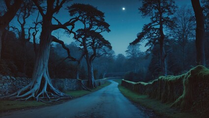 Artistic depiction of a woodland landscape at night featuring a road and towering trees.