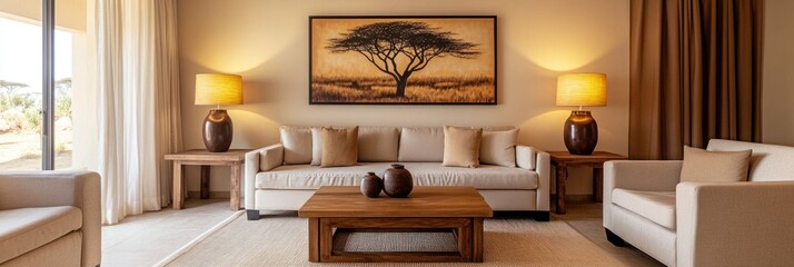 Cozy living room with neutral tones and safari art.