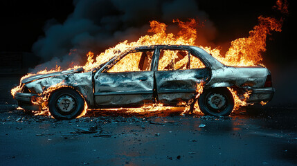 car engulfed in flames, showcasing intense fire and destruction
