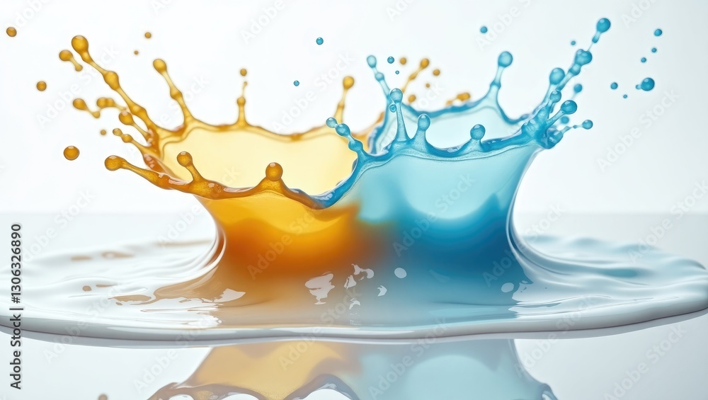 Poster splashes of colorful liquids. a foam forms when the light blue and gold-colored liquids mix. overflo