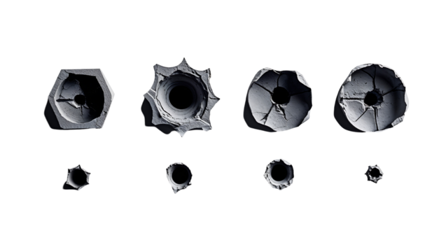 Black and white bullet holes on a metal surface with impact craters, photorealistic ballistic damage and forensic details isolated on a transparent background