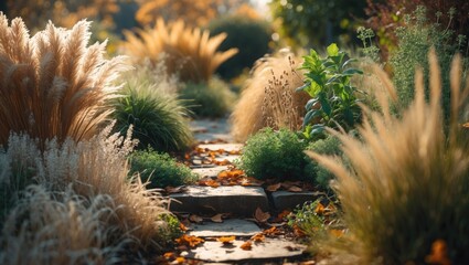 Seasonal herb garden featuring ornamental grasses and herbs. Landscape design incorporates decorative grasses and grains. Autumn garden scene.