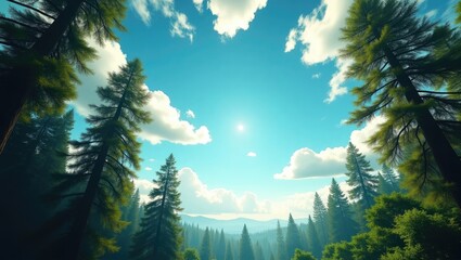 panoramic view showcasing a bright blue sky and lush green forests from a low angle