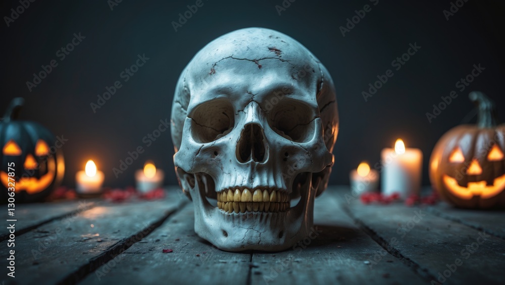 Poster skull for halloween displayed on a weathered wooden surface with a dark backdrop and space available