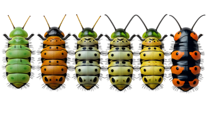 Stylized nature illustration of cute cartoon caterpillars in side view, vibrant insect lineup with rounded bodies and whimsical details on a transparent background