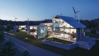 Fototapeta premium Modern sustainable office complex at twilight with wind turbines