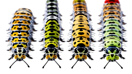 Cute cartoon caterpillars in a colorful insect lineup, whimsical bug characters with rounded segmented bodies and tiny legs, isolated on a white background