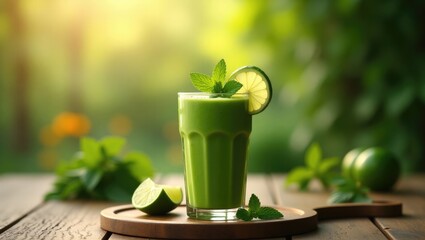 Nutritious Green Beverage on Wooden Surface
