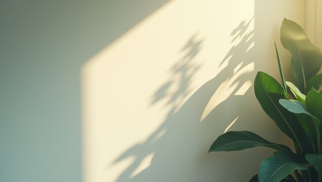 Shadow overlay on a wall. Gray silhouettes of leaves cast on a light backdrop, creating an abstract natural scene with a dreamy ambiance.