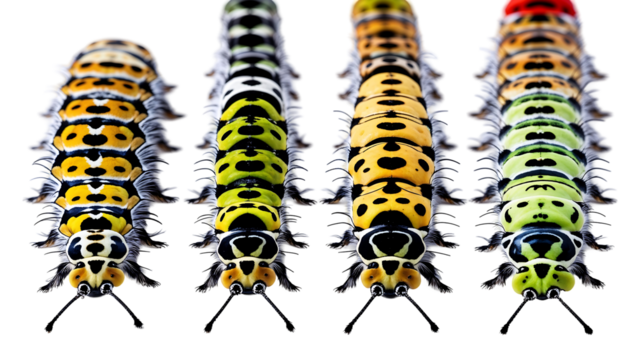 Cute cartoon caterpillars in a colorful insect lineup, whimsical bug characters with rounded segmented bodies and tiny legs, isolated on a white background
