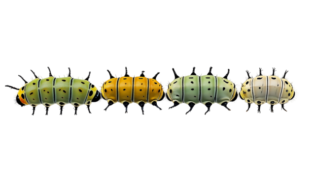 Cute cartoon caterpillars in a colorful insect lineup, whimsical bug characters with rounded segmented bodies and tiny legs, isolated on a white background