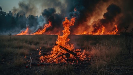 forest inferno ignites; a blaze in arid grassland. Flames consume the meadow, resulting in an ecological disaster. Smoke and fire annihilate all living things. A massive blaze subdued by firefighte...