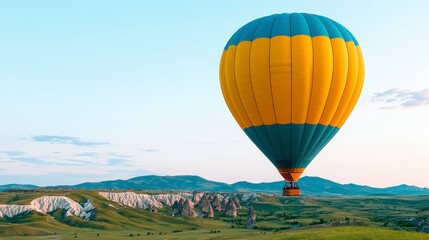 Naklejka premium Yellow and Blue Hot Air Balloon Soaring Over Rolling Hills and Rock Formations
