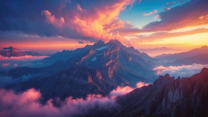 expansive mountain landscape with a breathtaking sunset background