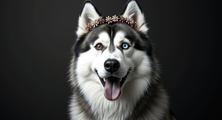 Obraz premium Beautiful husky. Distinctive black and white fur with unique eye colors. Adorned with a floral crown.