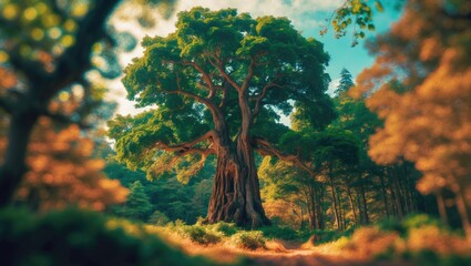 Fototapeta premium Image featuring a forest with a majestic tree, camphor, and ecological elements.