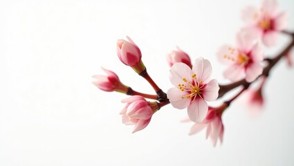 Obraz premium delicate cherry plum twig with blossoms, set against a white backdrop