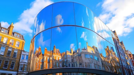 Naklejka premium Modern Building Reflecting Cityscape Under Blue Sky