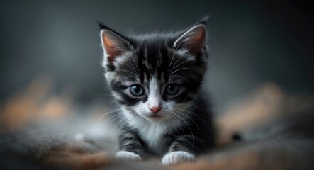 Obraz premium tiny black kitten with white patches in close view