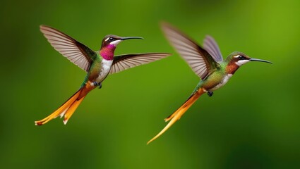 Fototapeta premium Golden-bellied Starfrontlet Hummingbirds, Coeligena bonapartei, in dynamic flight with extended wings and vibrant golden tails, set against a lush green backdrop in Chicaque Natural Park, Colombia....