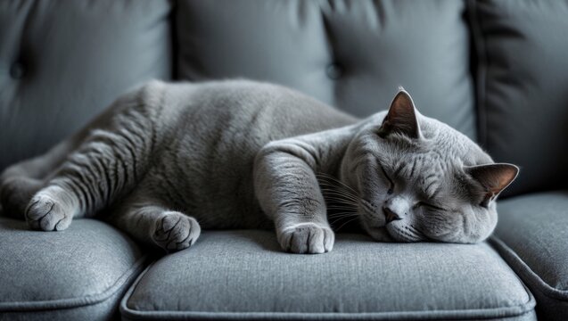 Silver British Shorthair dozing on a grey couch