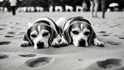 candid shots of beagles at their yearly gathering with their owners, featuring two exhausted dogs resting on the beach sand