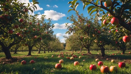 During autumn, orchards are filled with apples hanging from the trees.