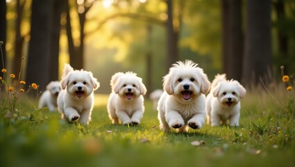 Havanese puppies frolicking in the meadows and forest outdoors