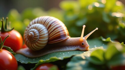 Helix pomatia, commonly known as the Roman or Burgundy snail, is an edible mollusk depicted as it moves over damp leaves. This large white snail, featuring a brown-striped shell, is seen gliding am...