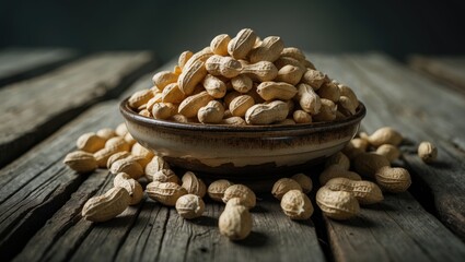 raw peanuts in a bowl arranged atop a rustic wooden surface, overhead view