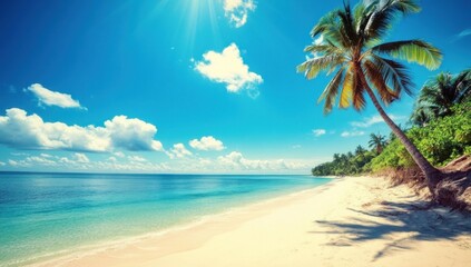 Obraz premium Tropical beach paradise with a coconut palm tree on the shore, vivid blue water, white sand, and sunny sky.