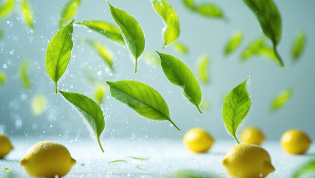 Falling green leaves and fresh lemons on a white background, depicting a zero-gravity concept or food levitation in a high-quality image.