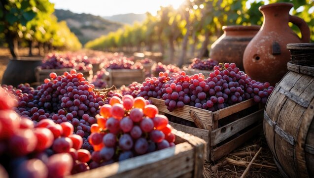 Gathered red grenache grapes during the harvest season in the Priorat wine region, Tarragona, Spain.