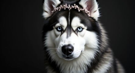 Obraz premium Siberian husky with striking eyes. Gorgeous black and white fur. Adorned with a floral crown.