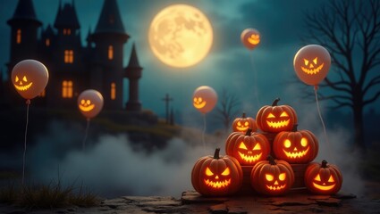 Fototapeta premium Halloween Sale Promotional Poster Template Featuring Product Showcase with Jack-o'-Lanterns and Spooky Balloons Against a Moonlit Castle Background. Ideal for a Creepy Web Banner or Template.