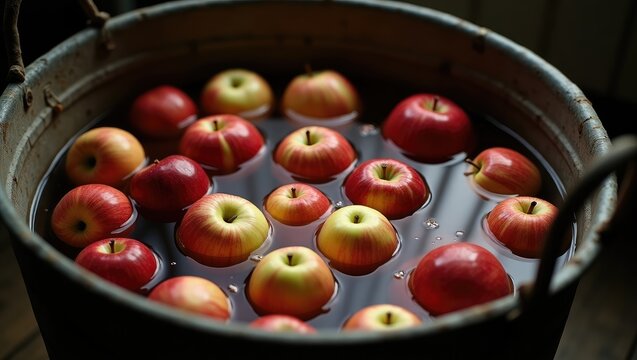 Bird's-eye view of a metallic basin containing water and apples for the Halloween tradition of Apple Bobbing.