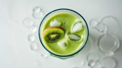 Kiwi-infused green smoothie in a glass viewed from above, promoting healthy hydration.
