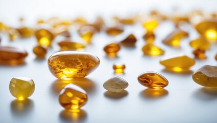 golden amber gems scattered on light surface