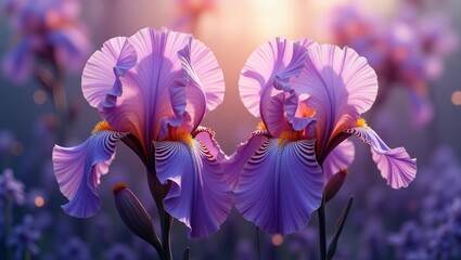Iris blooming in shades of purple and pink within an artistic design featuring spirals, mathematical elements, and a kaleidoscopic theme.