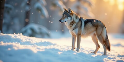 Naklejka premium A Majestic Canine in a Winter Wonderland, Standing Proudly Amidst Falling Snow During Golden Hour